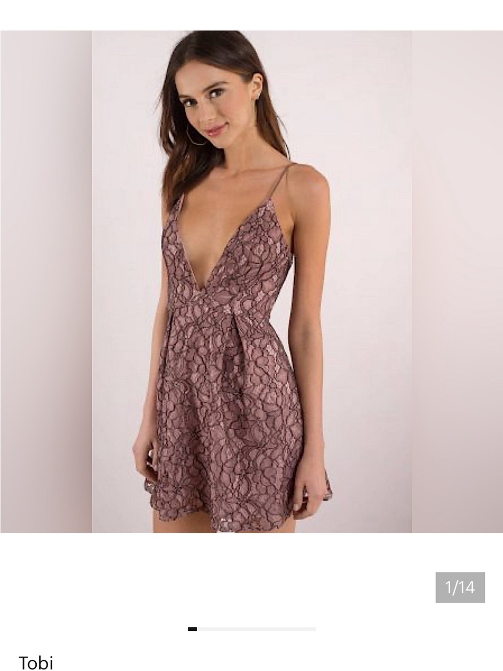 Tobi Dusty Mauve Lace Plunge Mini Dress